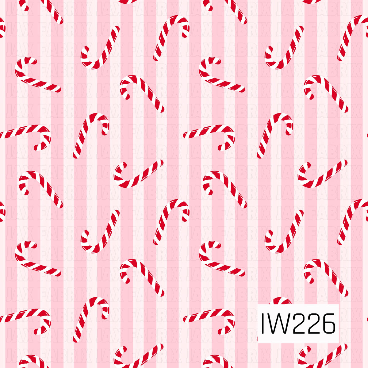 A sweet and playful Christmas seamless pattern featuring classic red and white striped candy canes scattered in different directions across a soft pink and white vertically striped background. The delicate pastel stripes add a fun, girly twist to this traditional holiday design.