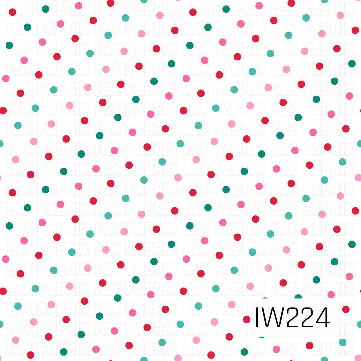 A cheerful seamless polka dot pattern featuring evenly scattered dots in bright red, hot pink, soft pink, turquoise, and deep emerald green against a crisp white background. The playful mix of traditional and nontraditional Christmas colors creates a fun, festive design that's perfect for coordinating with holiday prints.