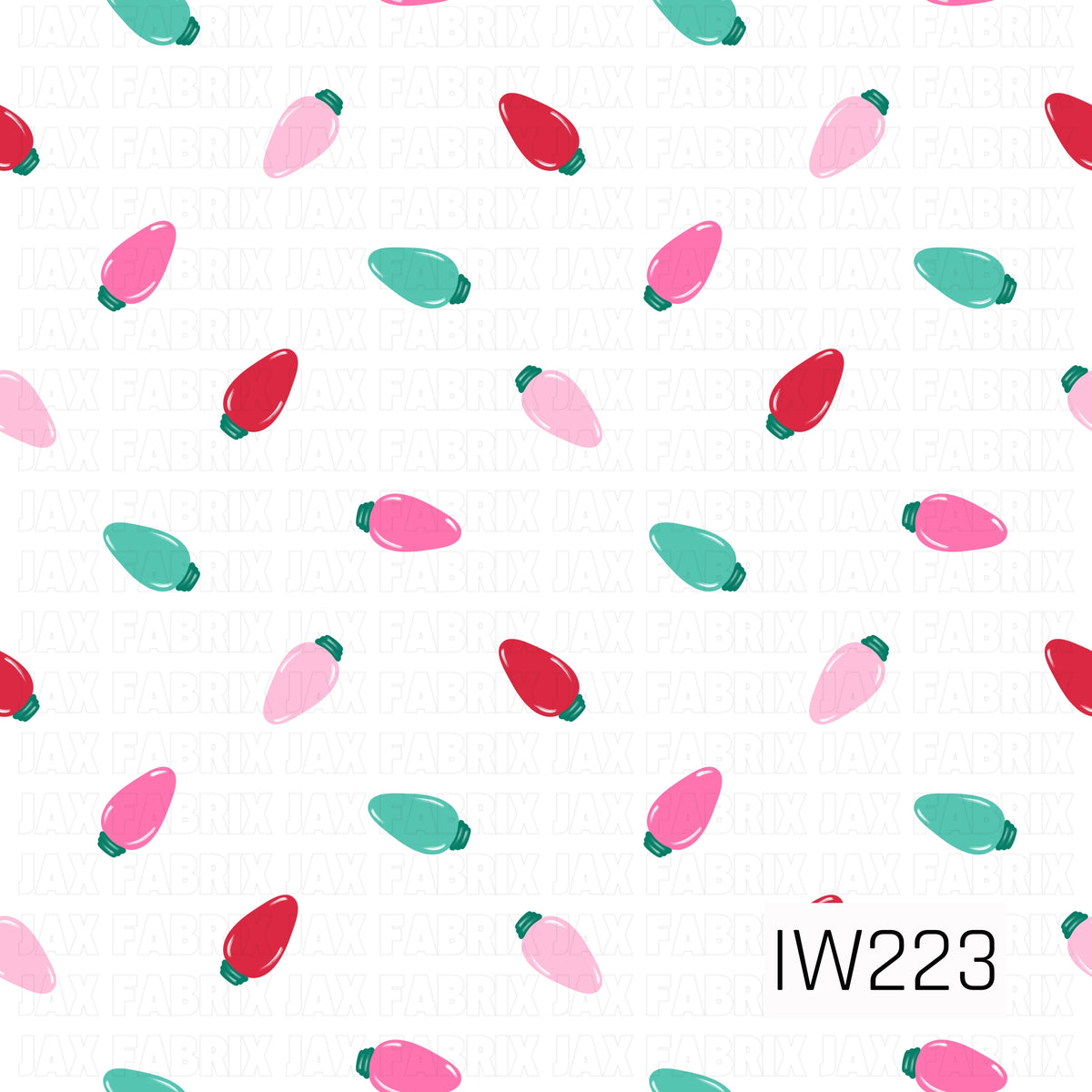 A playful Christmas seamless pattern featuring scattered, hand-drawn oversized holiday light bulbs in bright red, hot pink, soft pink, and turquoise with dark green bases. Set against a crisp white background, the colorful lights create a fun, cheerful, and whimsical holiday design.