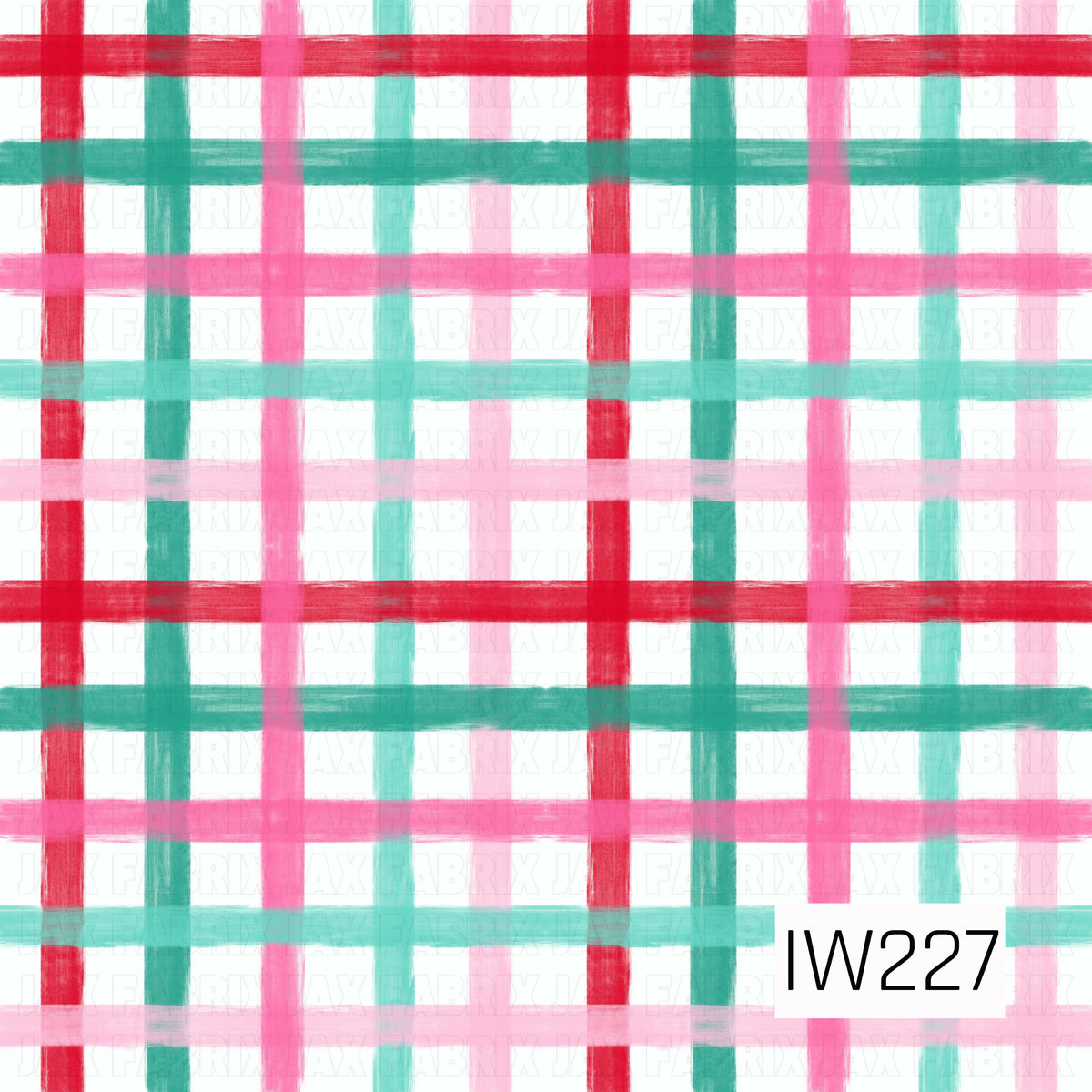 A playful watercolor plaid seamless pattern featuring overlapping brushstroke stripes in bright red, bubblegum pink, mint, and teal against a crisp white background. The soft, textured brushstrokes give this colorful Christmas plaid a charming, hand-painted feel.