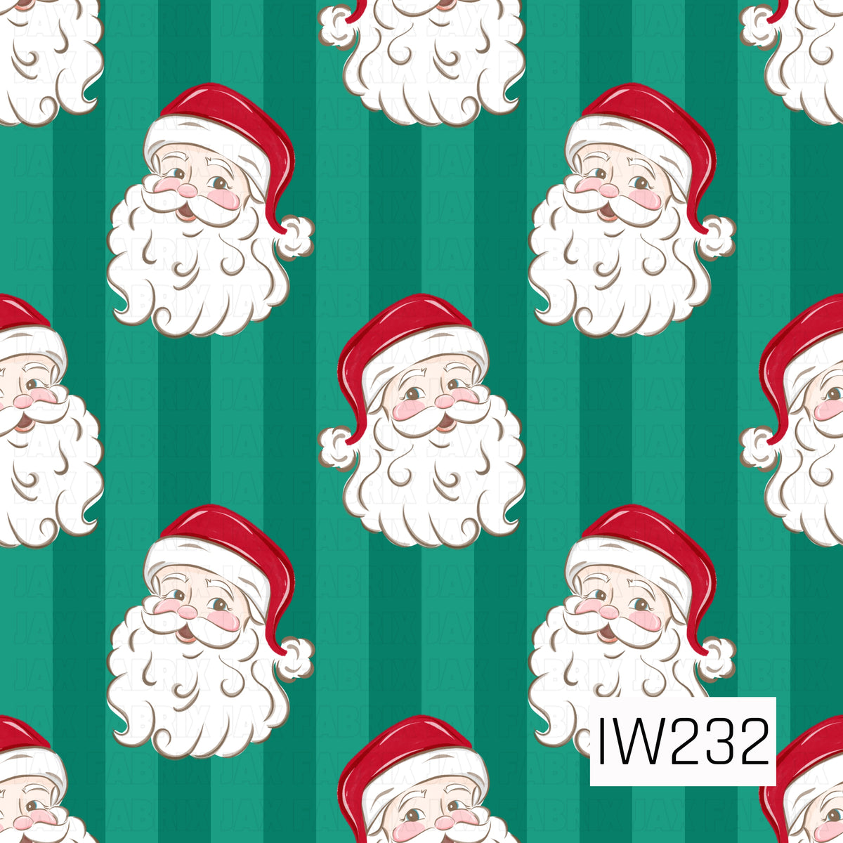 A charming Christmas seamless pattern featuring vintage-inspired Santa faces with rosy pink cheeks, fluffy white beards, and classic red hats. The cheerful Santas are scattered across a rich teal and emerald green vertical striped background, giving the design a playful, nostalgic holiday feel.