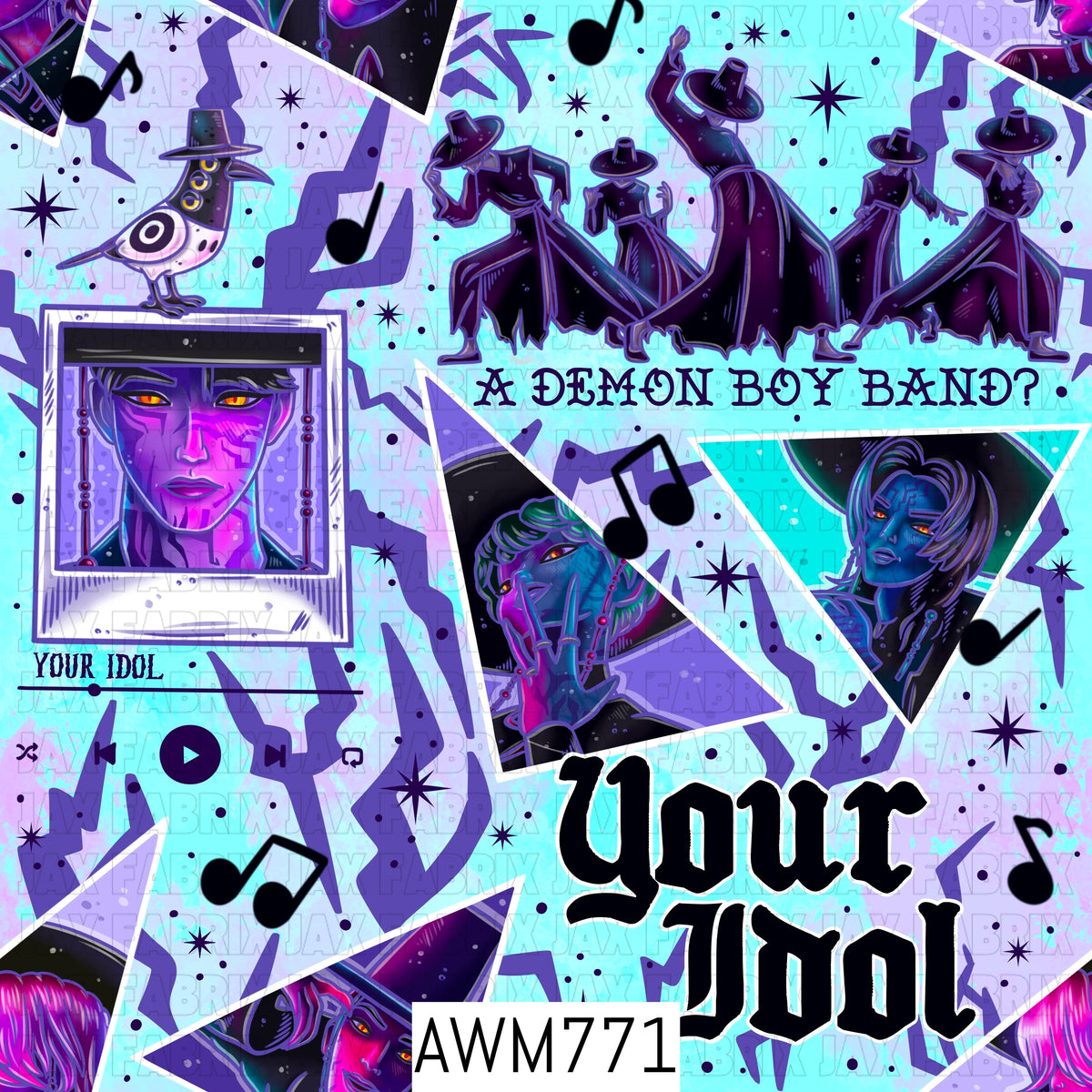 A bold seamless pattern featuring supernatural-inspired idol portraits, mysterious silhouettes, music notes, celestial accents, and graphic typography in vivid shades of purple, blue, and black on a bright aqua background. Perfect for custom fabric, faux leather, apparel, bags, accessories, blankets, and other fandom-inspired handmade creations.