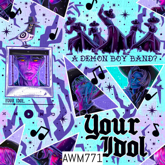 A bold seamless pattern featuring supernatural-inspired idol portraits, mysterious silhouettes, music notes, celestial accents, and graphic typography in vivid shades of purple, blue, and black on a bright aqua background. Perfect for custom fabric, faux leather, apparel, bags, accessories, blankets, and other fandom-inspired handmade creations.