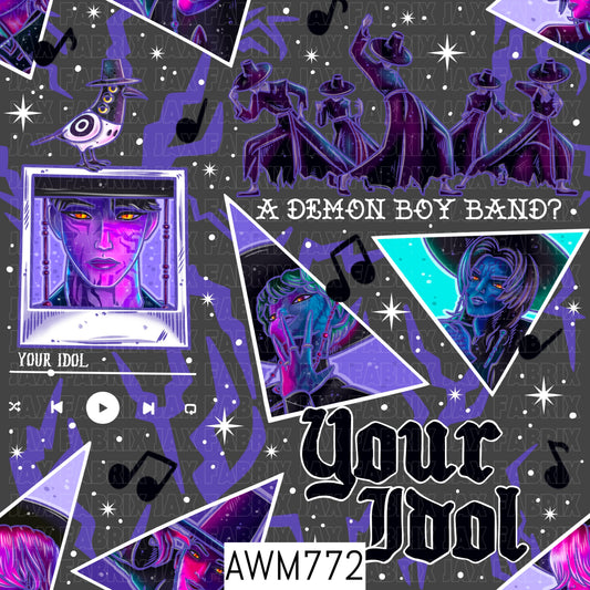A bold seamless pattern featuring supernatural-inspired idol portraits, mysterious silhouettes, music notes, celestial accents, and graphic typography in vivid purple, blue, black, and white tones. Perfect for custom fabric, faux leather, apparel, bags, accessories, blankets, and other fandom-inspired handmade creations.