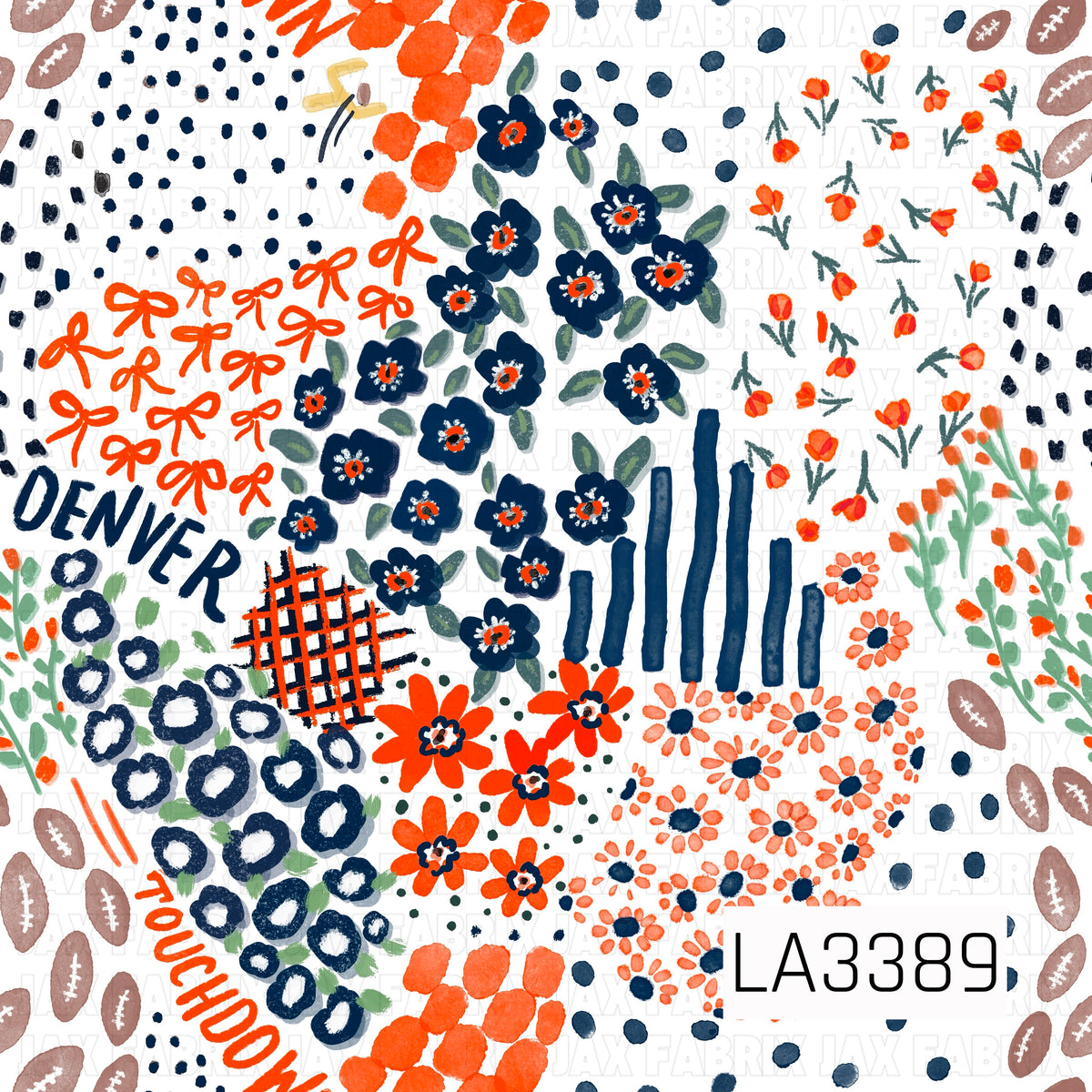 A playful Denver football-inspired print featuring bold navy blue, bright orange, gray, and white. Hand-painted florals, bows, footballs, scattered dots, stripes, plaid accents, and “Denver” and “Touchdown” lettering give it a fun, artsy game day feel.
