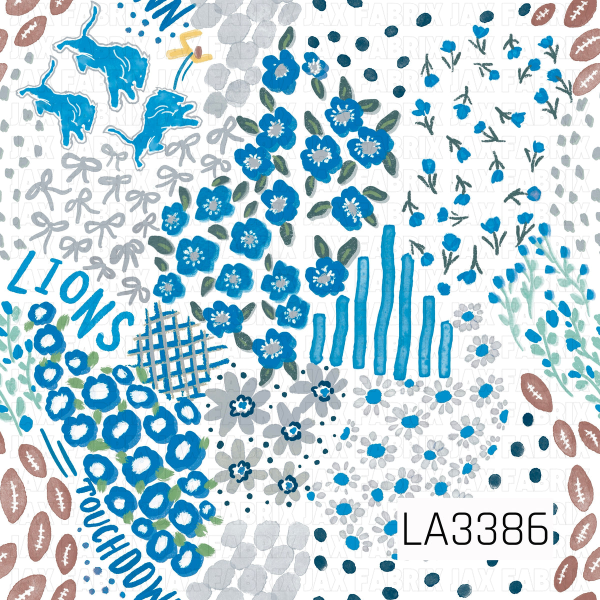 A playful Detroit football-inspired print featuring bright blue, silver, gray, and white. Hand-painted florals, bows, footballs, scattered dots, stripes, plaid accents, lion silhouettes, and “Lions” and “Touchdown” lettering create a fun, artsy game day design.
