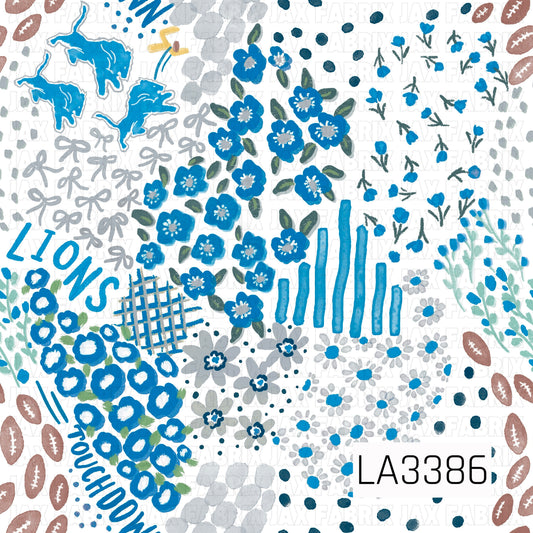 A playful Detroit football-inspired print featuring bright blue, silver, gray, and white. Hand-painted florals, bows, footballs, scattered dots, stripes, plaid accents, lion silhouettes, and “Lions” and “Touchdown” lettering create a fun, artsy game day design.
