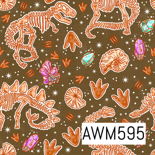 A prehistoric seamless design featuring dinosaur skeletons, fossils, footprints, claw marks and colorful crystals scattered across an earthy brown background. Rusty orange, turquoise and purple accents give it a fun fossil-dig feel.
Perfect for dinosaur-themed apparel, fabric, blankets, bags, accessories and kids’ projects.