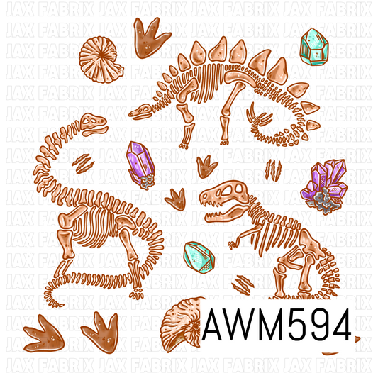 A prehistoric PNG featuring detailed dinosaur skeletons, fossil shells, footprints, claw marks and colorful crystals in warm earthy orange and brown tones with pops of turquoise and purple.
Perfect for dinosaur apparel, shirts, bags, tumblers, stickers, fabric projects and fun prehistoric-themed accessories.