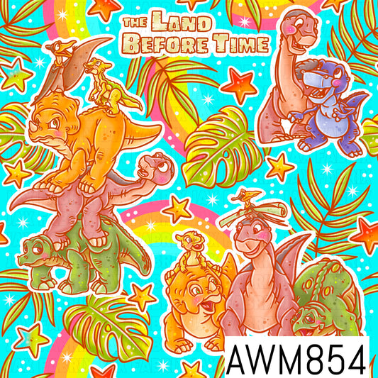 A vibrant prehistoric adventure design featuring adorable cartoon dinosaurs, including long-necks, triceratops, pterosaurs, and young dinosaur friends surrounded by tropical monstera leaves, rainbows, and scattered stars. Set on a bright turquoise blue background with colorful rainbow arches, sparkling white accents, and lush jungle foliage, this playful pattern creates a cheerful and nostalgic dinosaur-themed look perfect for little explorers and dino lovers.