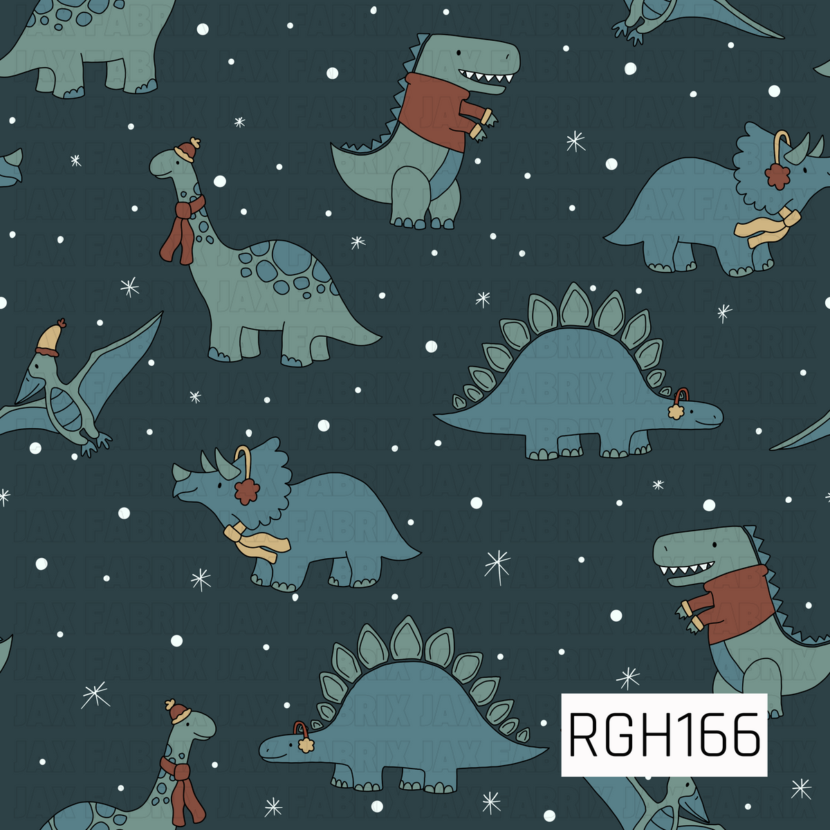 A playful winter dinosaur pattern featuring adorable cartoon dinosaurs in muted shades of dusty blue, sage green, and soft teal against a deep charcoal blue background. The dinosaurs include long-necked dinosaurs, stegosaurs, triceratops, T-rexes, and flying pterodactyls, all dressed for winter in cozy scarves, sweaters, knit hats, and earmuffs in warm rust, mustard, and brown tones. Scattered white snowflakes and tiny falling snow dots complete this charming, whimsical winter design.