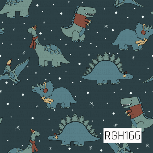 A playful winter dinosaur pattern featuring adorable cartoon dinosaurs in muted shades of dusty blue, sage green, and soft teal against a deep charcoal blue background. The dinosaurs include long-necked dinosaurs, stegosaurs, triceratops, T-rexes, and flying pterodactyls, all dressed for winter in cozy scarves, sweaters, knit hats, and earmuffs in warm rust, mustard, and brown tones. Scattered white snowflakes and tiny falling snow dots complete this charming, whimsical winter design.