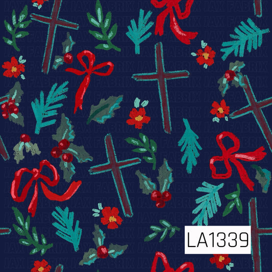 This seamless design features rustic hand-drawn crosses paired with bright red bows, holly berries, small red florals and evergreen sprigs on a deep navy background. Teal, green, burgundy and pops of red give it a colorful faith-inspired Christmas feel.
