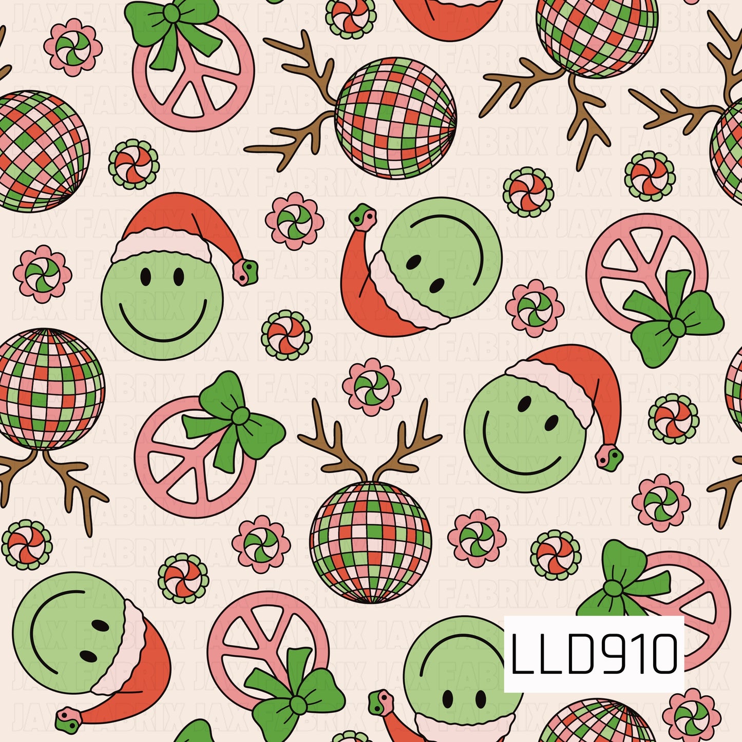 A playful retro Christmas design featuring smiley faces in Santa hats, colorful disco ball reindeer with antlers, pink peace signs topped with green bows, and swirled peppermint candies. Bright red, pink, green, and aqua tones give the pattern a fun, groovy holiday feel.
