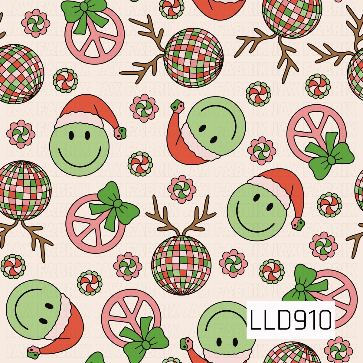 A playful retro Christmas design featuring smiley faces in Santa hats, colorful disco ball reindeer with antlers, pink peace signs topped with green bows, and swirled peppermint candies. Bright red, pink, green, and aqua tones give the pattern a fun, groovy holiday feel.
