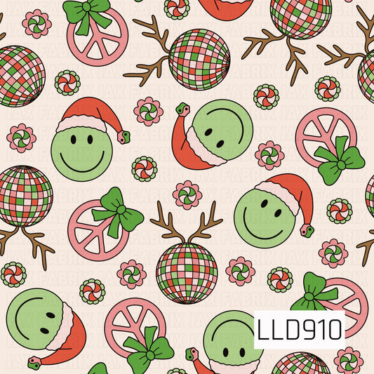 A playful retro Christmas design featuring smiley faces in Santa hats, colorful disco ball reindeer with antlers, pink peace signs topped with green bows, and swirled peppermint candies. Bright red, pink, green, and aqua tones give the pattern a fun, groovy holiday feel.
