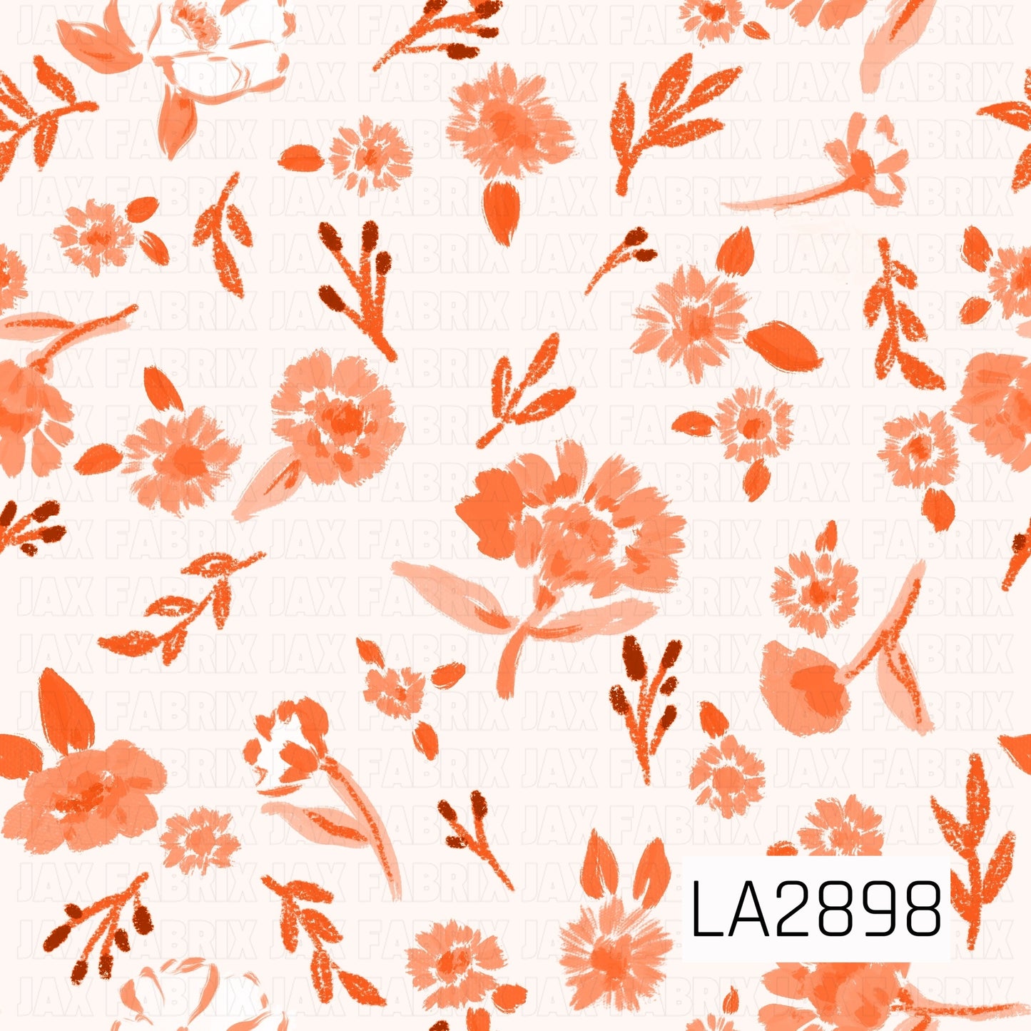 A delicate ditsy floral pattern featuring hand-painted wildflowers, leafy sprigs, and botanical accents in warm pumpkin orange, coral, and soft peach on a creamy background. The loose watercolor style gives this design a light, airy feel with a charming vintage touch.
