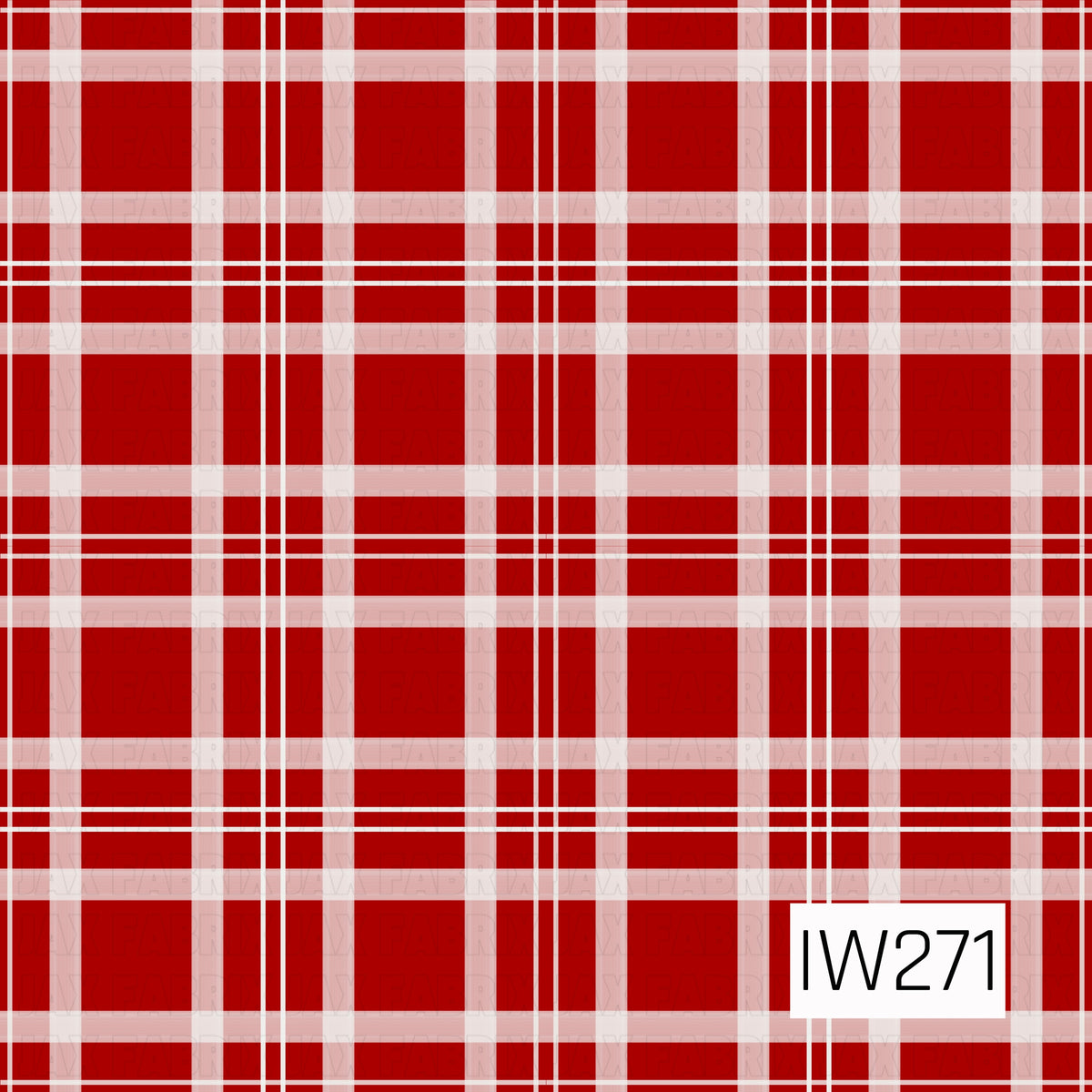 A classic holiday plaid featuring a vibrant Christmas red background with wide, soft white and pale pink intersecting stripes. Thin, crisp white accent lines create a layered checkered pattern, giving this design a timeless, festive feel.