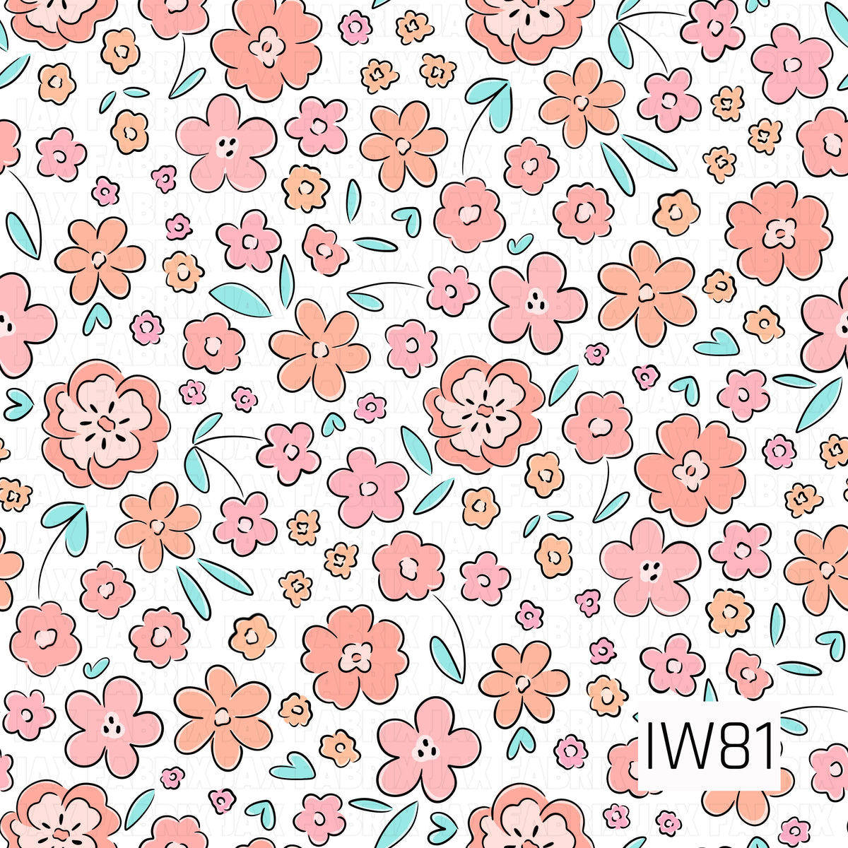 A playful doodle floral pattern featuring an assortment of whimsical flowers in soft peach, coral, blush pink, and light apricot shades. The flowers vary in size and shape, with rounded petals, simple centers, and bold black hand-drawn outlines. Scattered turquoise leaves, tiny heart-shaped accents, and delicate curved stems add pops of color throughout the crisp white background. The imperfect sketch-style details give this cheerful design a fun, retro-inspired feel.