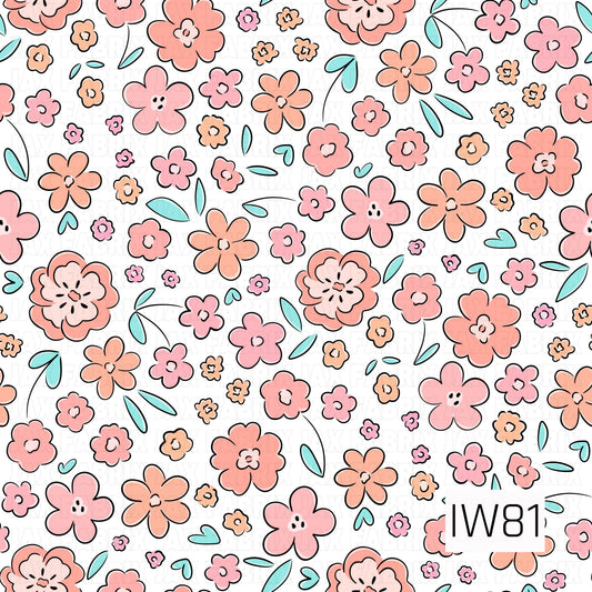 A playful doodle floral pattern featuring an assortment of whimsical flowers in soft peach, coral, blush pink, and light apricot shades. The flowers vary in size and shape, with rounded petals, simple centers, and bold black hand-drawn outlines. Scattered turquoise leaves, tiny heart-shaped accents, and delicate curved stems add pops of color throughout the crisp white background. The imperfect sketch-style details give this cheerful design a fun, retro-inspired feel.