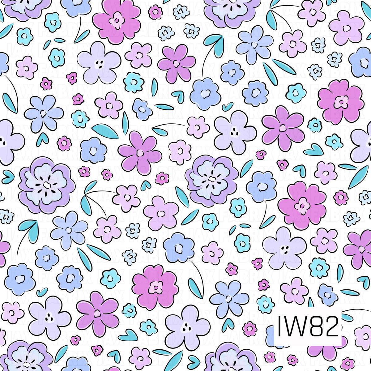 A whimsical doodle floral pattern featuring an assortment of playful flowers in shades of lavender, violet, lilac, periwinkle blue, and soft aqua. The flowers vary in size and shape, with rounded petals, simple centers, and bold black hand-drawn outlines. Scattered turquoise leaves, tiny heart-shaped accents, and delicate curved stems add charming details throughout the crisp white background. The imperfect sketch-style illustrations give this colorful design a fun, cheerful, retro-inspired feel.