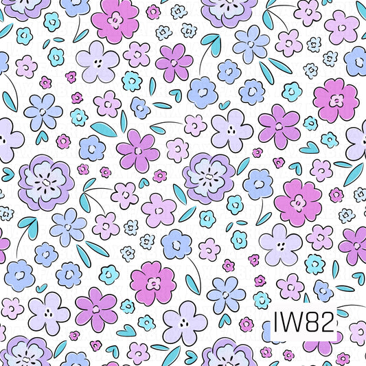 A whimsical doodle floral pattern featuring an assortment of playful flowers in shades of lavender, violet, lilac, periwinkle blue, and soft aqua. The flowers vary in size and shape, with rounded petals, simple centers, and bold black hand-drawn outlines. Scattered turquoise leaves, tiny heart-shaped accents, and delicate curved stems add charming details throughout the crisp white background. The imperfect sketch-style illustrations give this colorful design a fun, cheerful, retro-inspired feel.