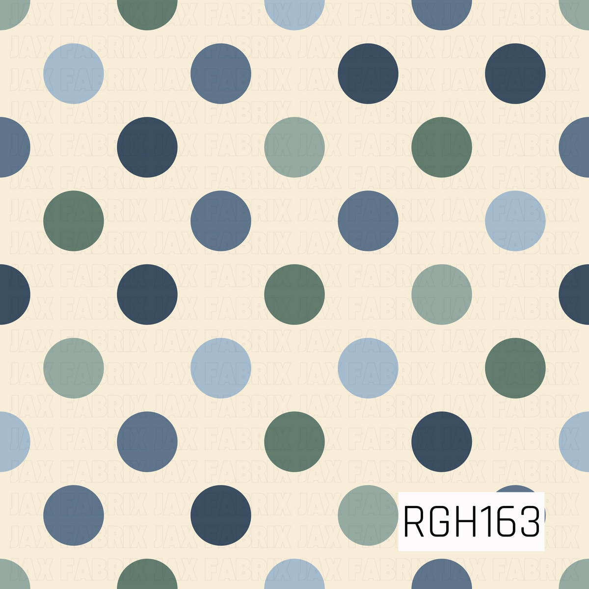 A charming polka dot pattern featuring evenly spaced, medium-sized circles in a mix of dusty blue, slate blue, deep navy, sage green, and muted eucalyptus green. The dots are arranged in staggered rows against a soft, warm ivory background, creating a playful yet balanced design. The earthy greens and calming blues give this classic print a cozy, vintage-inspired feel.
