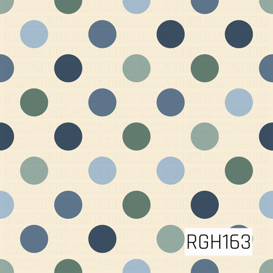 A charming polka dot pattern featuring evenly spaced, medium-sized circles in a mix of dusty blue, slate blue, deep navy, sage green, and muted eucalyptus green. The dots are arranged in staggered rows against a soft, warm ivory background, creating a playful yet balanced design. The earthy greens and calming blues give this classic print a cozy, vintage-inspired feel.
