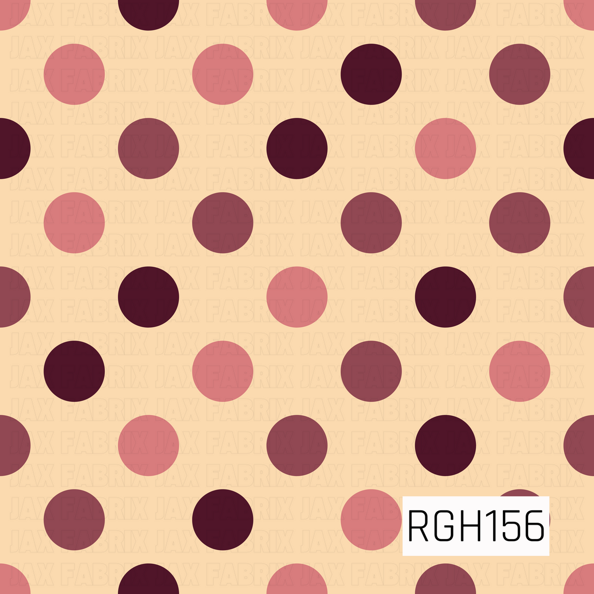 A playful polka dot pattern featuring large, evenly spaced circles in deep plum, dusty mauve, and rosy pink against a warm peachy cream background. The alternating colors create a fun, retro-inspired design with a soft, vintage feel.