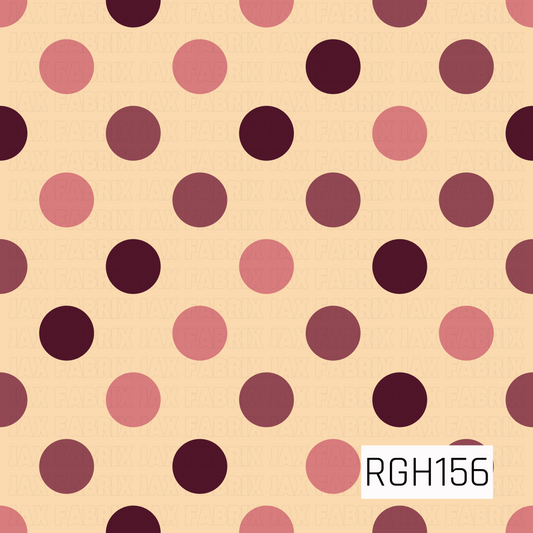A playful polka dot pattern featuring large, evenly spaced circles in deep plum, dusty mauve, and rosy pink against a warm peachy cream background. The alternating colors create a fun, retro-inspired design with a soft, vintage feel.
