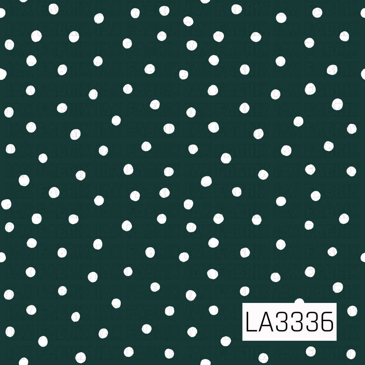 A simple polka dot pattern featuring scattered, hand-painted white dots on a deep forest green background. The slightly imperfect dots give it a playful, hand-drawn feel.
