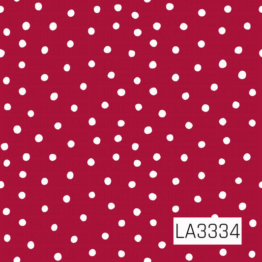 A playful polka dot pattern featuring scattered, hand-painted white dots on a rich red background. The slightly imperfect dots give the design a fun, hand-drawn look.
