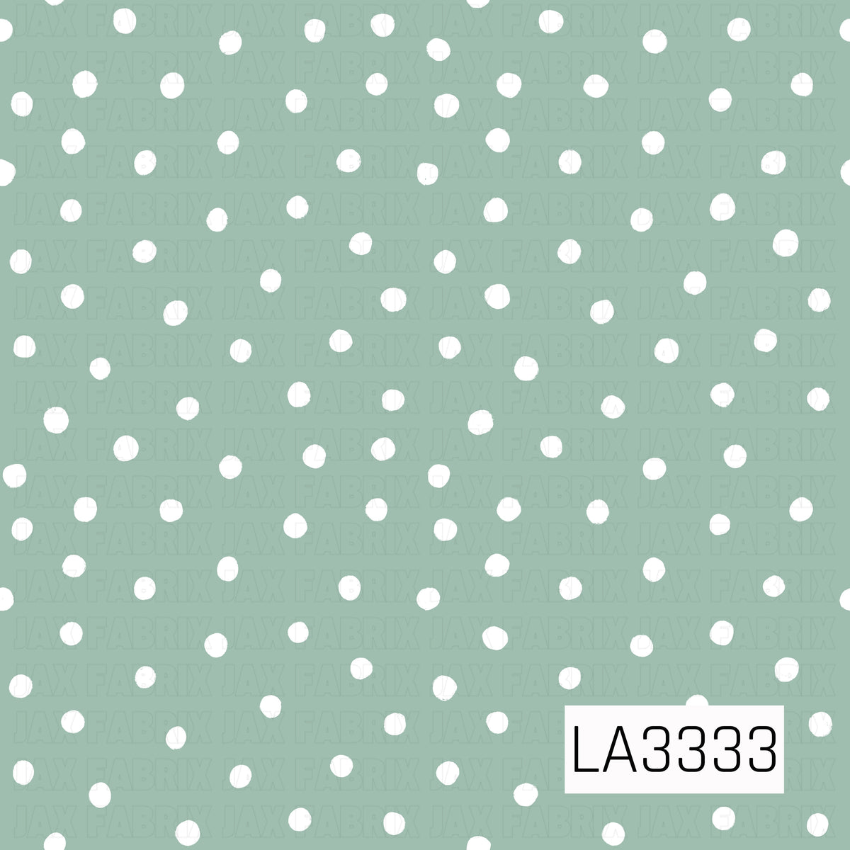 A simple polka dot pattern featuring scattered, hand-painted white dots on a soft sage green background. The slightly imperfect dots give the design a playful, hand-drawn feel.
