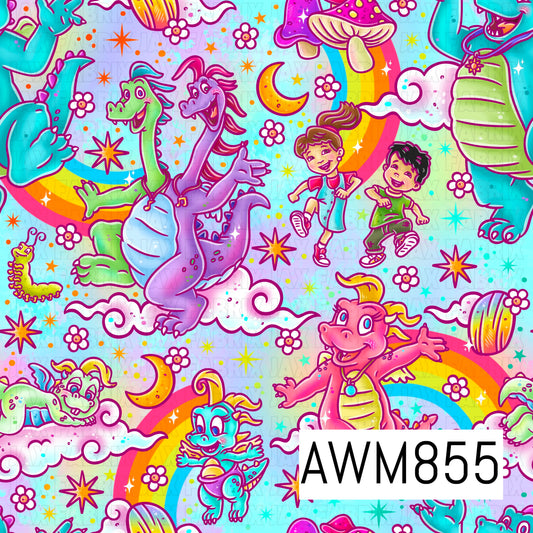 A whimsical fantasy-themed design featuring colorful friendly dragons, playful children, rainbows, crescent moons, fluffy clouds, flowers, stars, and magical woodland elements. Set against a soft pastel blue background with bright pink, purple, teal, and yellow accents, this cheerful pattern creates a fun and imaginative storybook-inspired look perfect for kids and fantasy lovers.