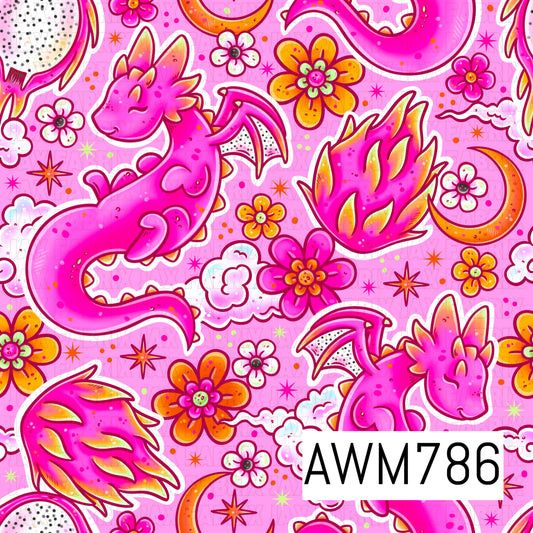 A whimsical seamless pattern featuring adorable pink dragons, dragon fruit, fluffy clouds, crescent moons, colorful flowers, and sparkling stars on a soft pink background. This playful fantasy design is perfect for children’s apparel, quilts, blankets, nursery décor, pajamas, bows, bags, and other magical sewing and crafting projects.