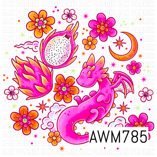A whimsical PNG featuring an adorable pink dragon, vibrant dragon fruit, colorful flowers, fluffy clouds, a crescent moon, and sparkling stars in bright pink, orange, and yellow tones. This magical artwork is perfect for children’s apparel, bows, bags, stickers, tumblers, nursery décor, and other fantasy-inspired sewing and crafting projects.
