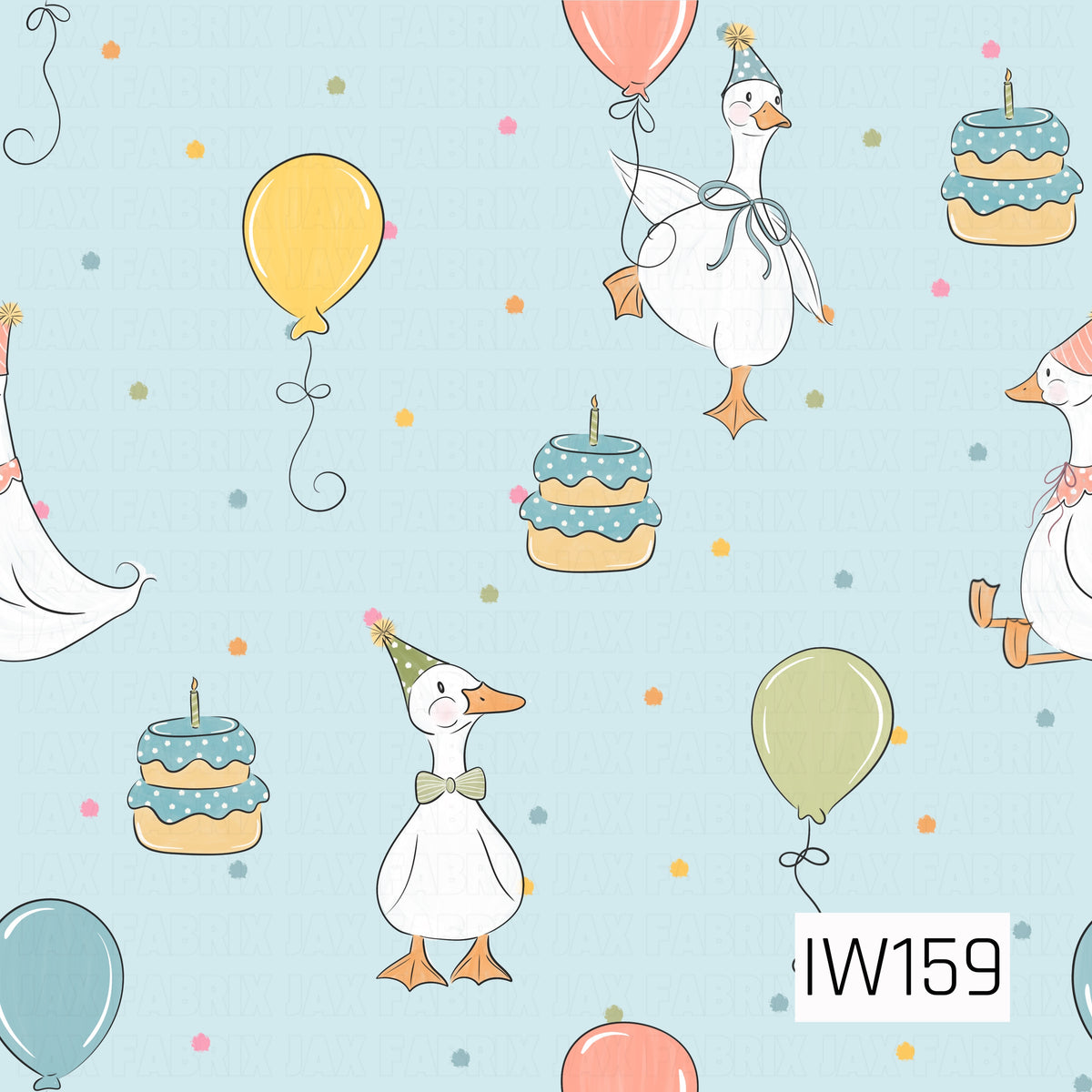 A sweet and whimsical birthday design featuring adorable white geese wearing colorful polka dot party hats and coordinating bows. Pastel balloons in soft blue, peach, yellow, and sage green float alongside little two-tier birthday cakes decorated with blue polka dot frosting and candles. Scattered confetti in pink, yellow, orange, and muted green adds a playful touch against a soft powder blue background. The delicate hand-drawn illustrations and gentle pastel colors create a charming, cheerful birthday pat