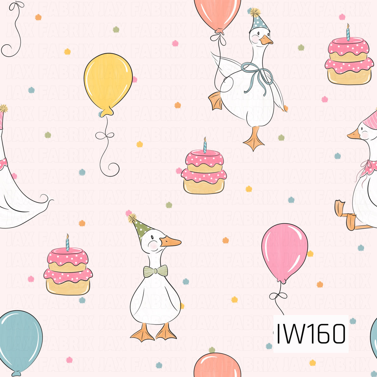 A sweet and whimsical birthday design featuring adorable white geese wearing colorful polka dot party hats and coordinating bows. Pastel balloons in pink, peach, yellow, and dusty blue float alongside charming two-tier birthday cakes decorated with pink frosting, white polka dots, and tiny blue candles. Scattered confetti in soft pink, yellow, orange, sage green, and blue adds a festive touch against a delicate blush pink background. The hand-drawn illustrations and soft pastel colors create a playful, char