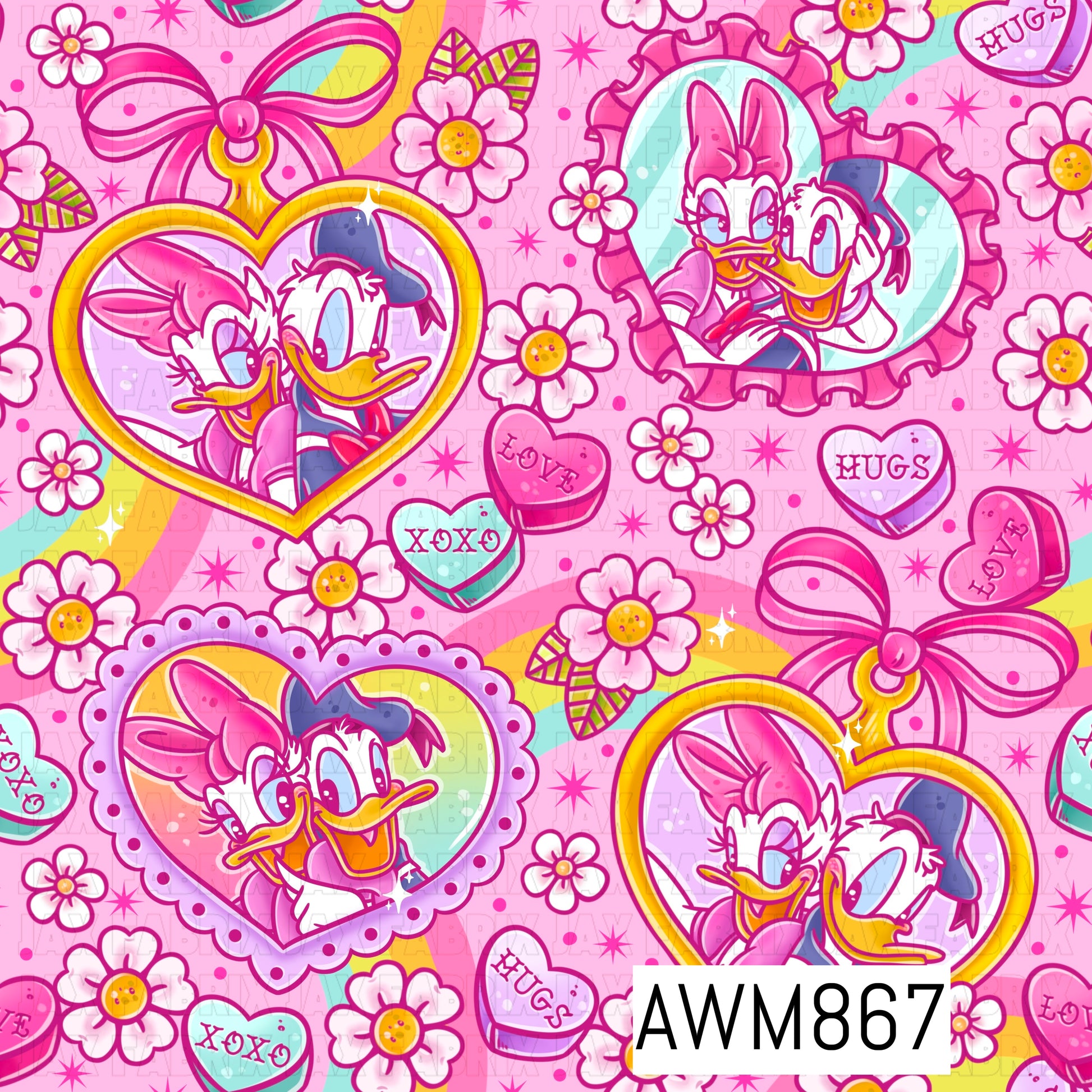 A sweet Valentine-inspired character pattern featuring an adorable duck couple displayed inside decorative heart-shaped frames. Surrounded by pink bows, daisies, pastel rainbows, sparkling stars, and candy hearts with loving messages, this design uses soft pink, lavender, yellow, and aqua tones to create a romantic, cheerful, and whimsical aesthetic perfect for love-themed projects.