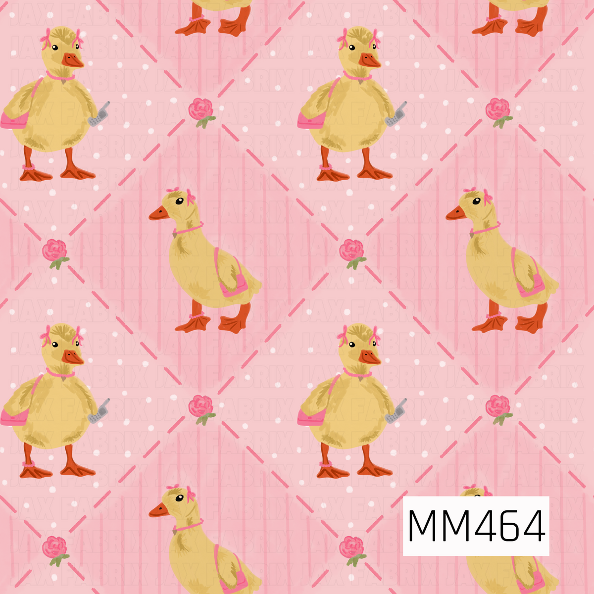 A whimsical girly duck pattern featuring sweet yellow ducks accessorized with pink bows, necklaces, purses, and little pink details. Some carry tiny gray phones for an extra playful touch. The ducks are arranged over a soft pink geometric background accented with miniature roses, white dots, and delicate linework for a fun, feminine look.