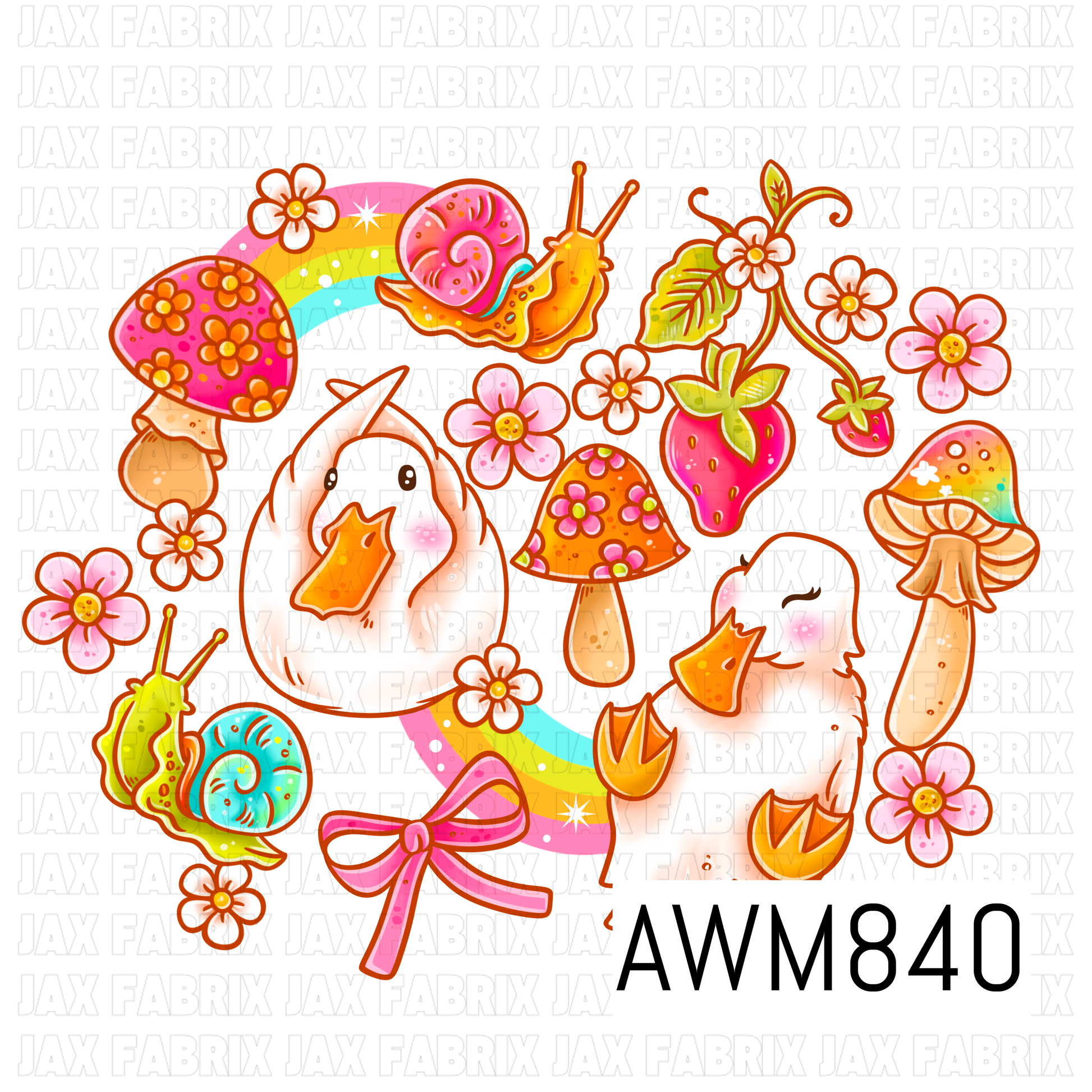 Charming cottagecore clipart collection featuring fluffy baby ducklings, colorful floral mushrooms, strawberries, snails, pink bows, delicate flowers, leafy vines, and pastel rainbow accents. Designed in a bright whimsical palette of pink, orange, yellow, mint, and white with sparkling details, this playful spring-inspired PNG set is perfect for sublimation, stickers, bow making, fabric designs, children's products, and crafting projects.