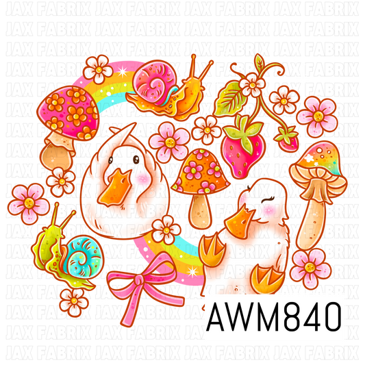 Charming cottagecore clipart collection featuring fluffy baby ducklings, colorful floral mushrooms, strawberries, snails, pink bows, delicate flowers, leafy vines, and pastel rainbow accents. Designed in a bright whimsical palette of pink, orange, yellow, mint, and white with sparkling details, this playful spring-inspired PNG set is perfect for sublimation, stickers, bow making, fabric designs, children's products, and crafting projects.
