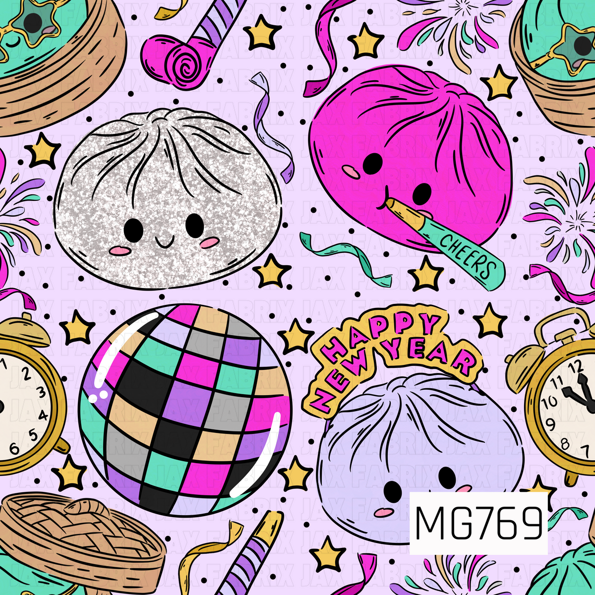 A fun and colorful New Year's celebration pattern featuring adorable smiling dumpling characters in shades of hot pink, soft lavender, and glittery silver. Festive details include multicolored disco balls, golden clocks striking midnight, Happy New Year headbands, party blowers, fireworks, curling streamers, and scattered gold stars. Bright pops of turquoise, purple, pink, and gold stand out against a soft pastel lavender background, creating a cheerful and whimsical holiday design.