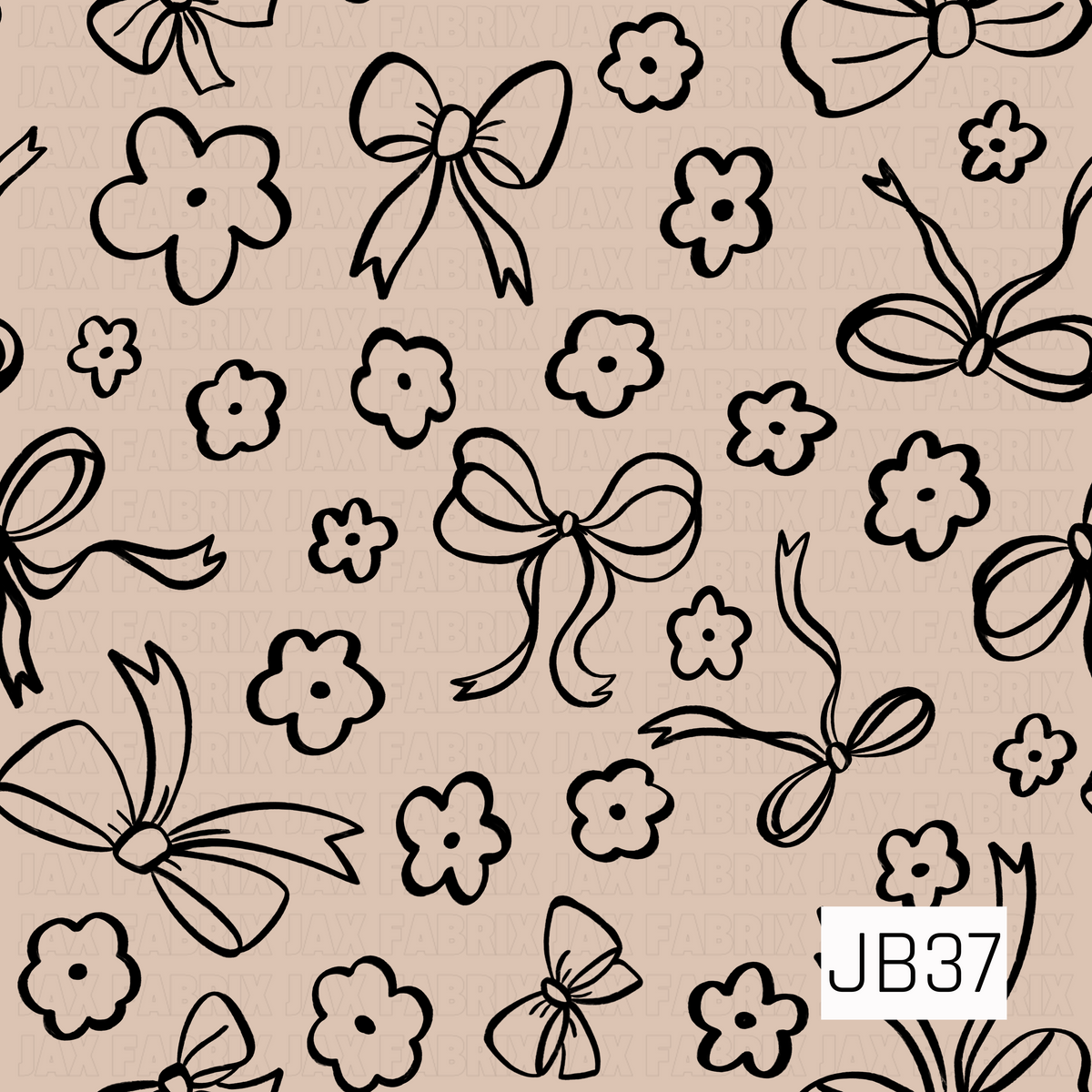 A simple hand-drawn pattern featuring oversized bows and scattered daisy-like flowers on a warm beige background. Thick black outlines and loose, imperfect linework give the bows and florals a playful doodle-style look, while the neutral monochromatic palette keeps the design minimal and versatile.
