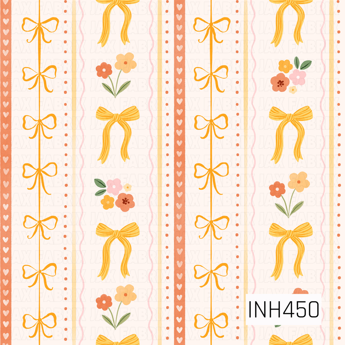 A sweet vintage-inspired stripe pattern featuring delicate orange bows, larger golden yellow ribbon bows, and small floral bouquets in soft pink, coral, yellow, and green. Vertical heart, dot, and wavy stripe details in peach, blush, and pale yellow add a whimsical layered look against a warm cream background.
