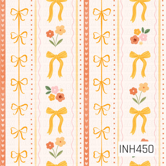 A sweet vintage-inspired stripe pattern featuring delicate orange bows, larger golden yellow ribbon bows, and small floral bouquets in soft pink, coral, yellow, and green. Vertical heart, dot, and wavy stripe details in peach, blush, and pale yellow add a whimsical layered look against a warm cream background.
