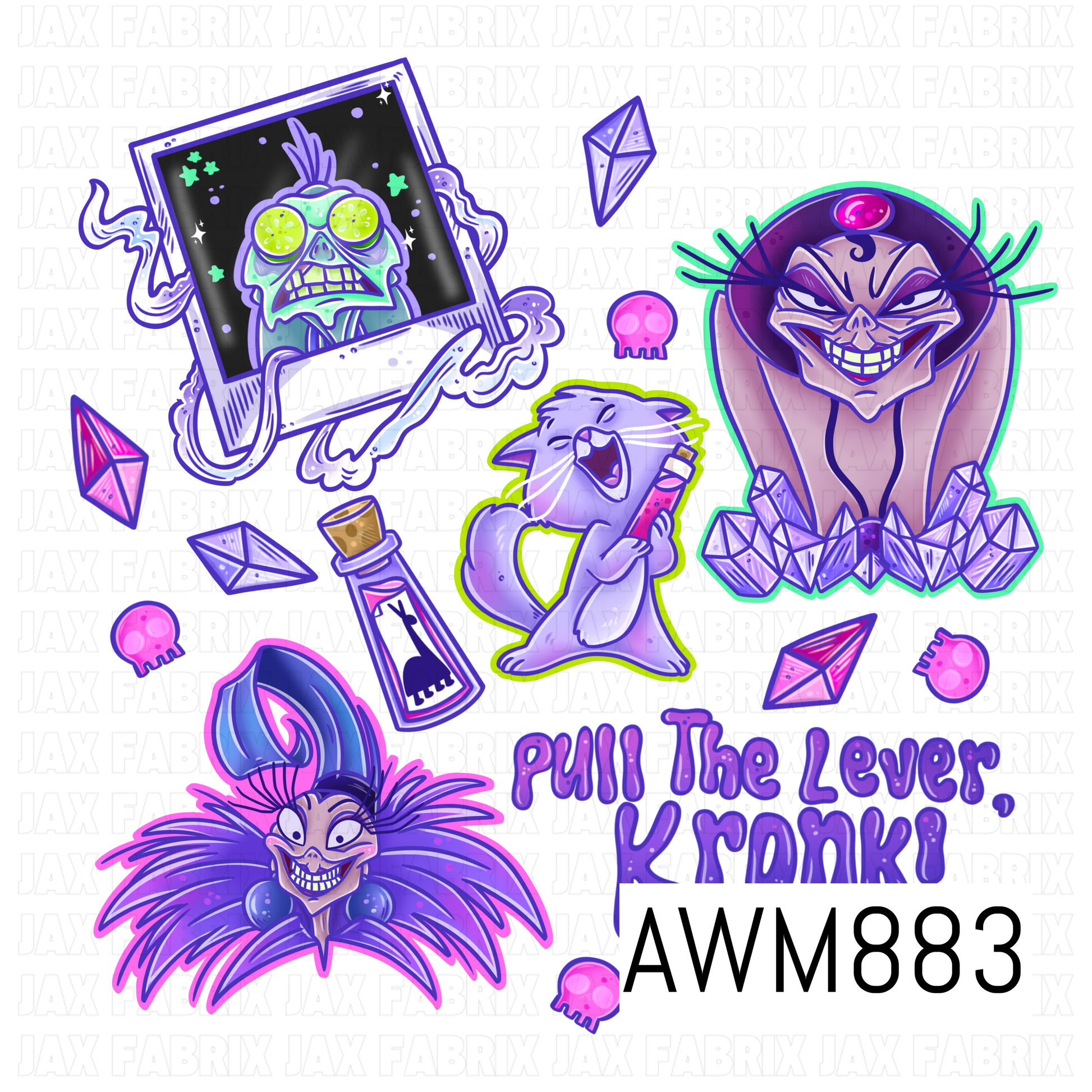 Villain-inspired PNG clipart bundle featuring spooky purple-themed characters, glowing crystal clusters, potion bottles, tiny pink skulls, and magical star accents. This transparent-background design combines neon purple, lavender, pink, and lime green details with whimsical fantasy elements, making it perfect for coordinating projects, Halloween themes, and magical villain-inspired creations.