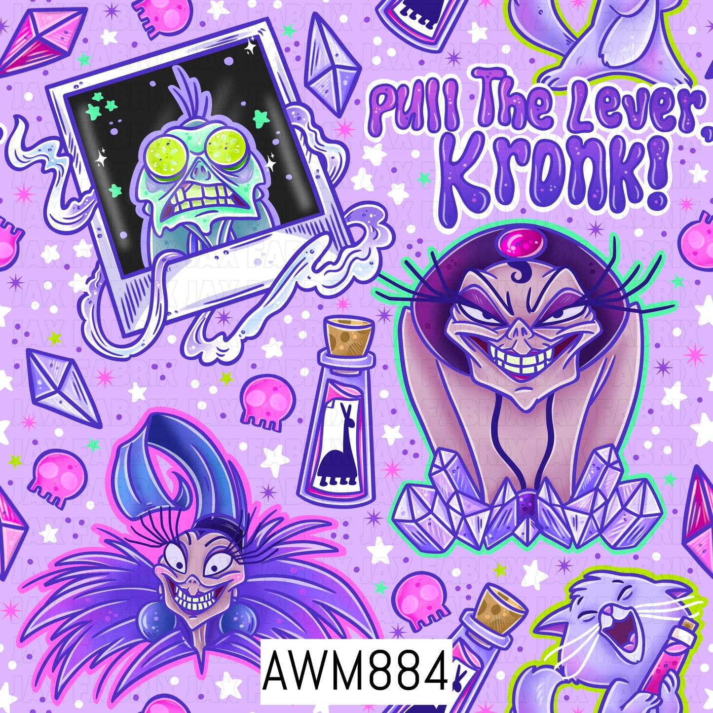 Whimsical villain-inspired seamless pattern featuring dramatic purple-toned characters, glowing crystal clusters, potion bottles, tiny skulls, and magical star accents. Set on a soft lavender background with neon purple, pink, and lime green highlights, this playful design combines spooky charm, fantasy magic, and retro cartoon styling for a bold and enchanting look.