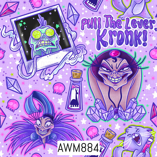 Whimsical villain-inspired seamless pattern featuring dramatic purple-toned characters, glowing crystal clusters, potion bottles, tiny skulls, and magical star accents. Set on a soft lavender background with neon purple, pink, and lime green highlights, this playful design combines spooky charm, fantasy magic, and retro cartoon styling for a bold and enchanting look.