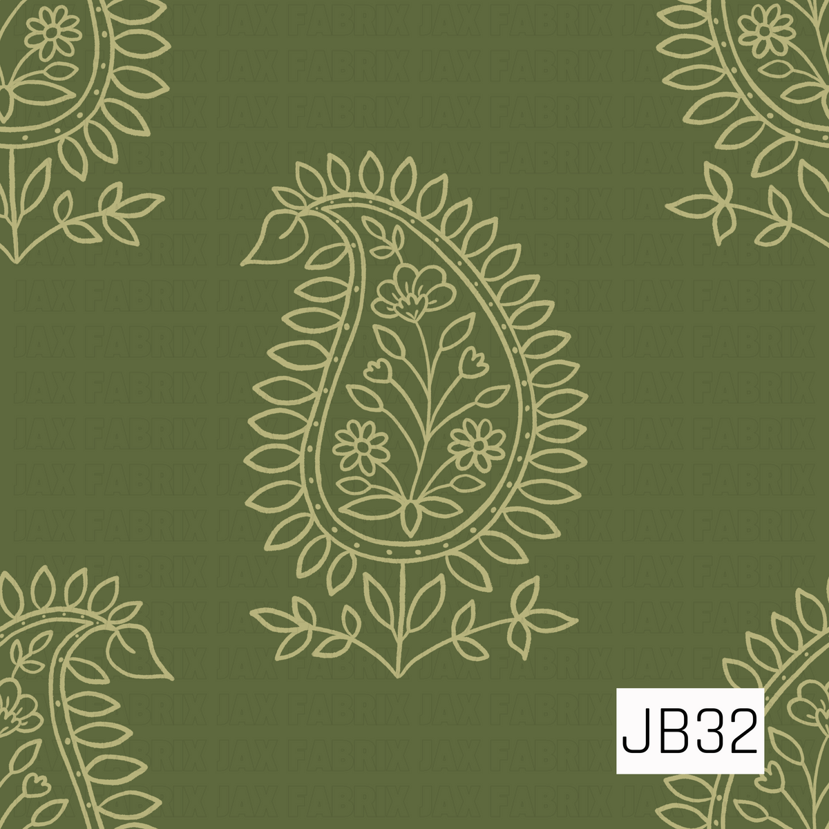 A vintage-inspired paisley print featuring oversized hand-drawn paisley motifs filled with delicate flowers, leafy stems, tiny buds, and botanical details. Soft cream linework stands out against the earthy olive green background, while leafy borders around each paisley add extra texture and a charming folk-art feel.
